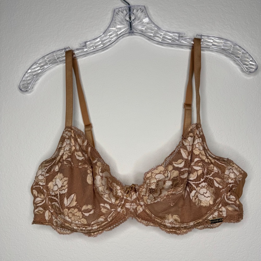 Adore Me Tan Floral Lace Unlined Underwire‎ Bra 36C Brown Mesh Adjustable Straps
